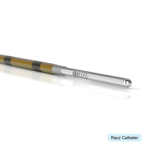 A close-up of a racz catheter.