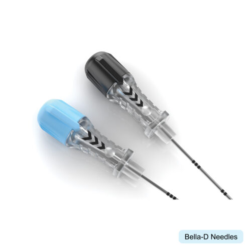 A close-up of two Bella-D needles in blue and black.