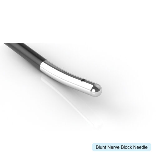 A close-up of the tip of a blunt nerve block needle.